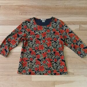 Notations Black Floral Top with Red and Green Accents